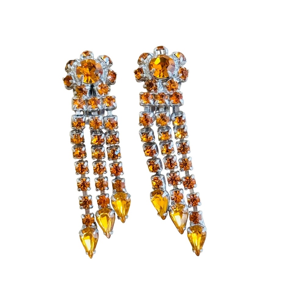 VTG Waterfall Austrian Crystal Earrings Dangle Orange Rhinestone Clip Flashy 50s